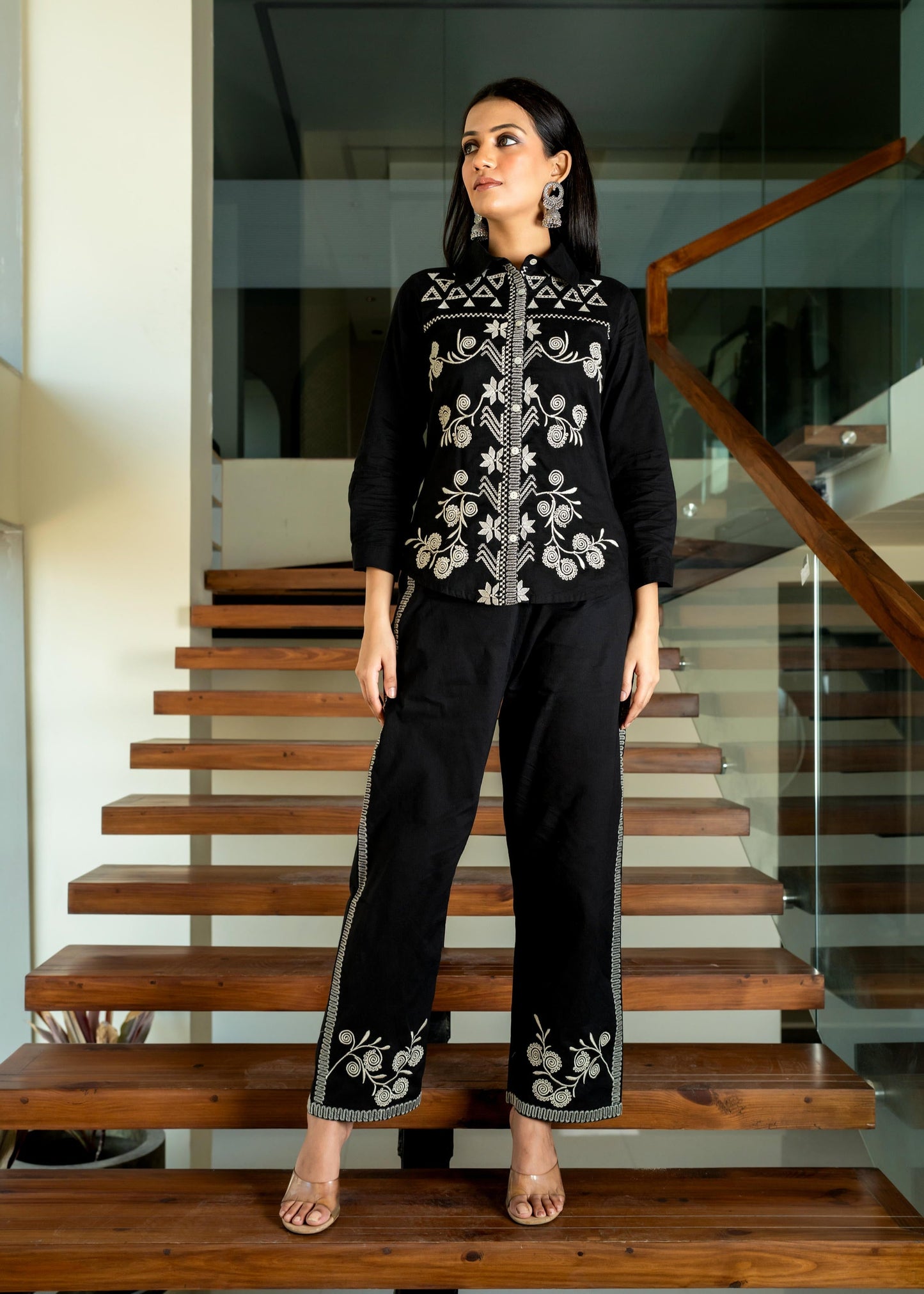 Black Floral & Geometric Embroidered Cotton Co-ord Set D6273 - kharidari