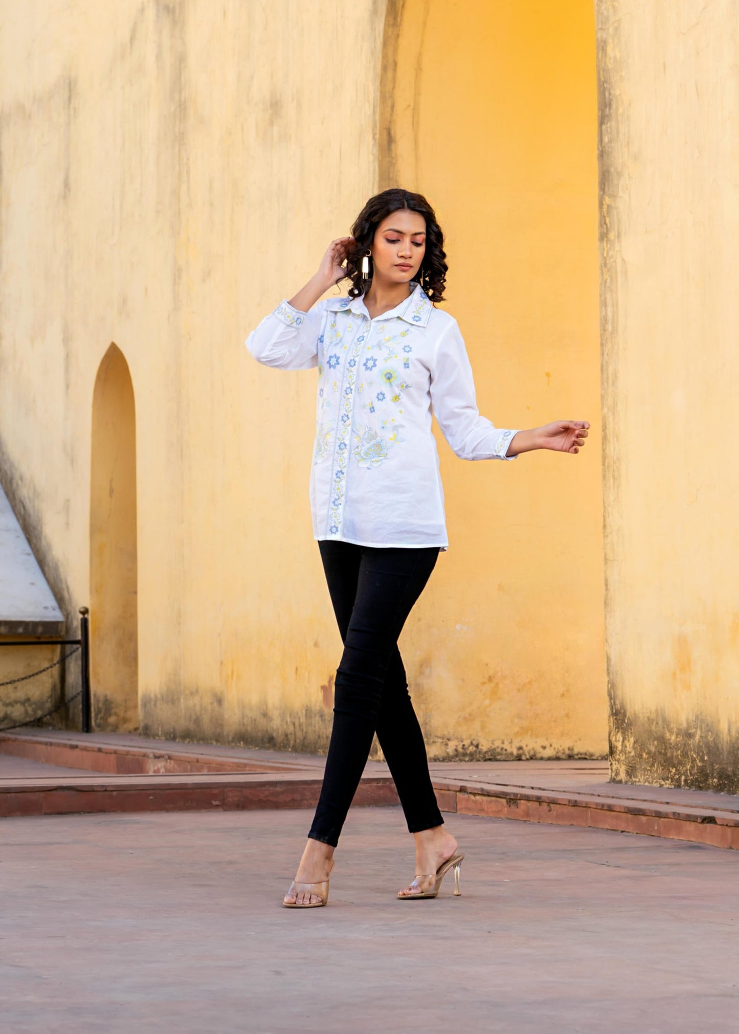 Sky Bloom Embroidered White Pure Cotton Shirt Top D6275
