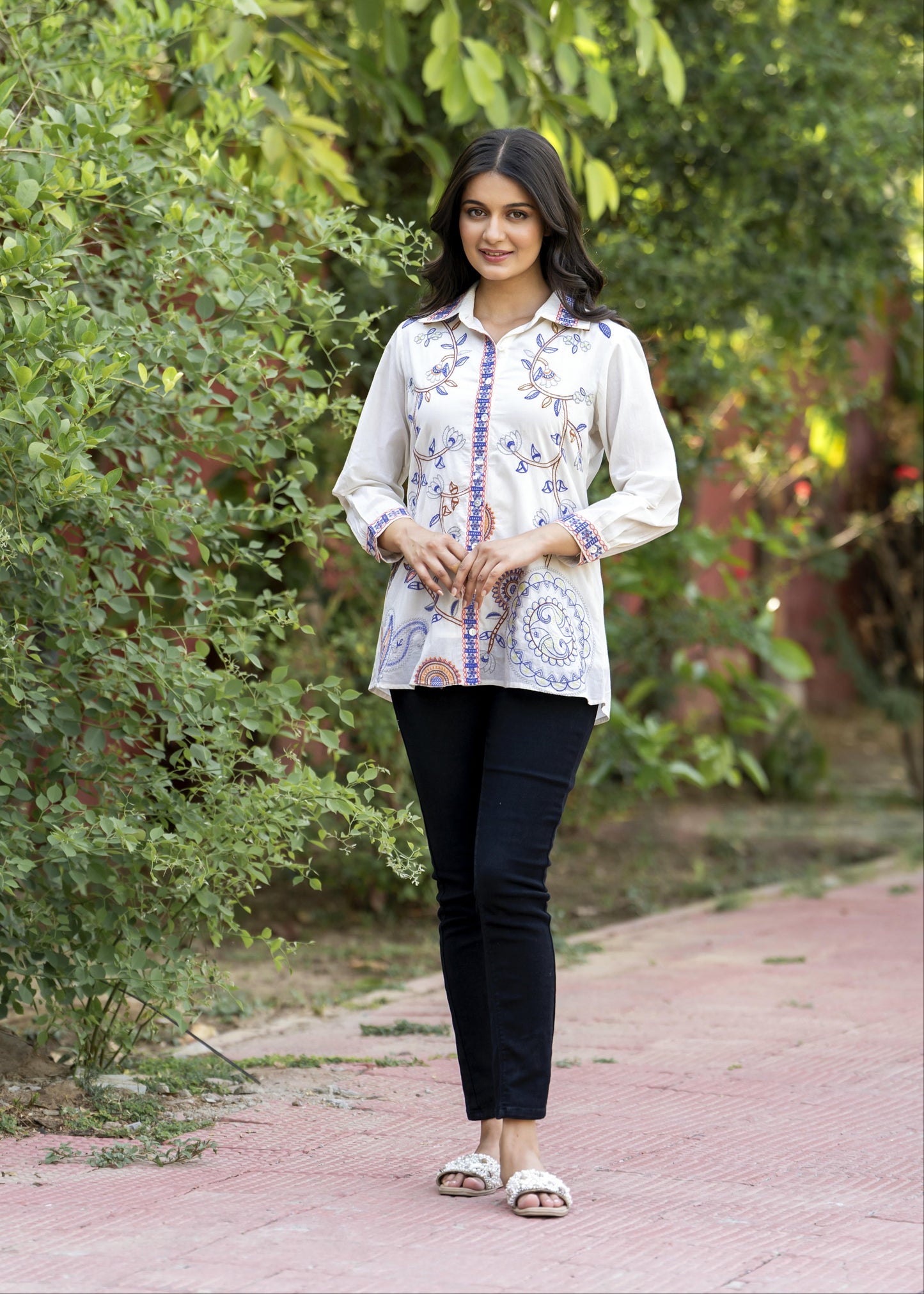 Garden Whispers Multicolor Embroidered White Pure Cotton Shirt Top D6276
