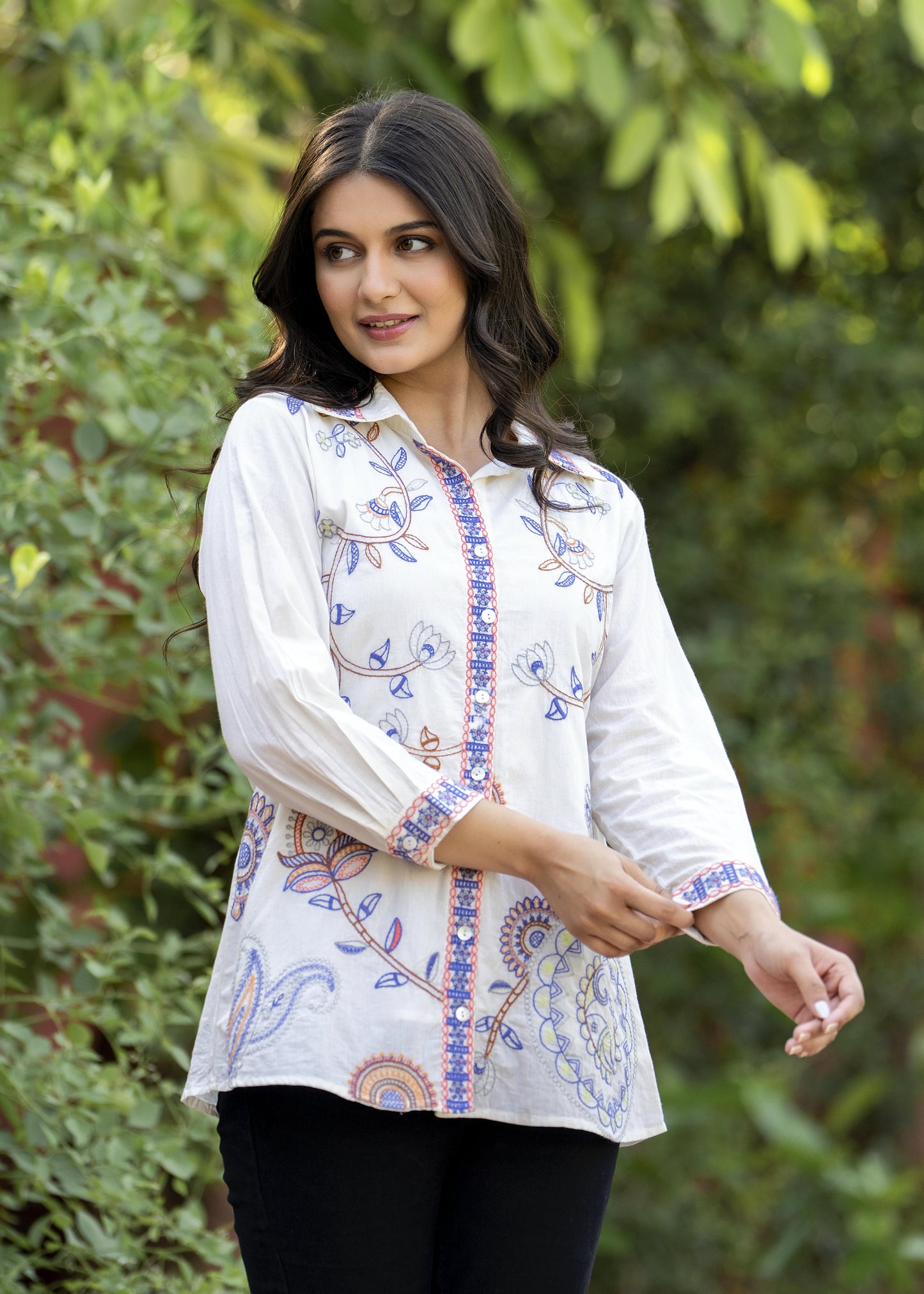 Garden Whispers Multicolor Embroidered White Pure Cotton Shirt Top D6276