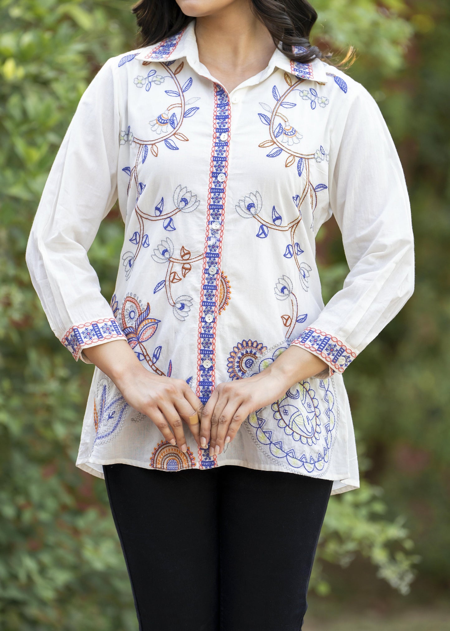 Garden Whispers Multicolor Embroidered White Pure Cotton Shirt Top D6276 - kharidari
