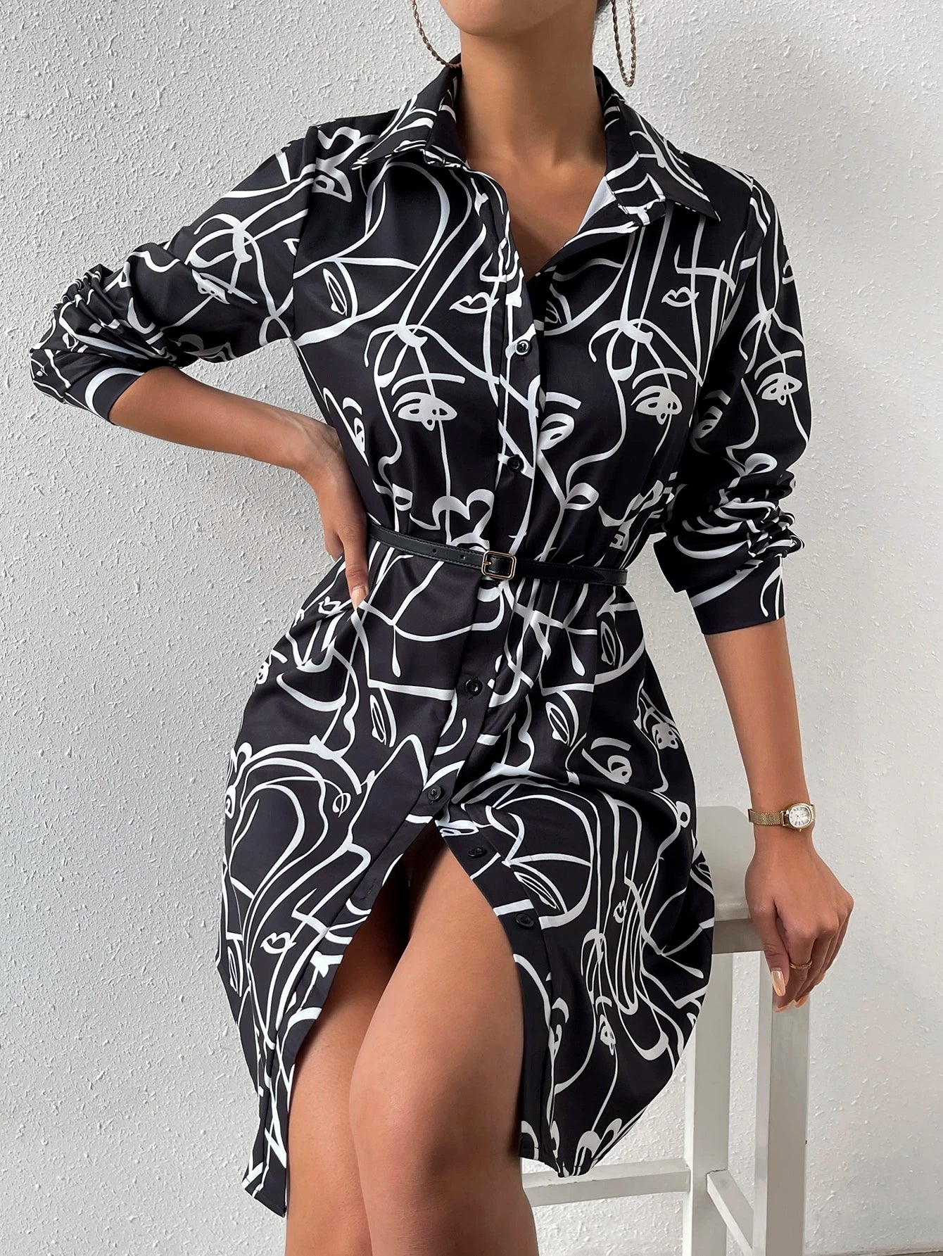 Allover Print Button Front Shirt Dress Without Belt D1904