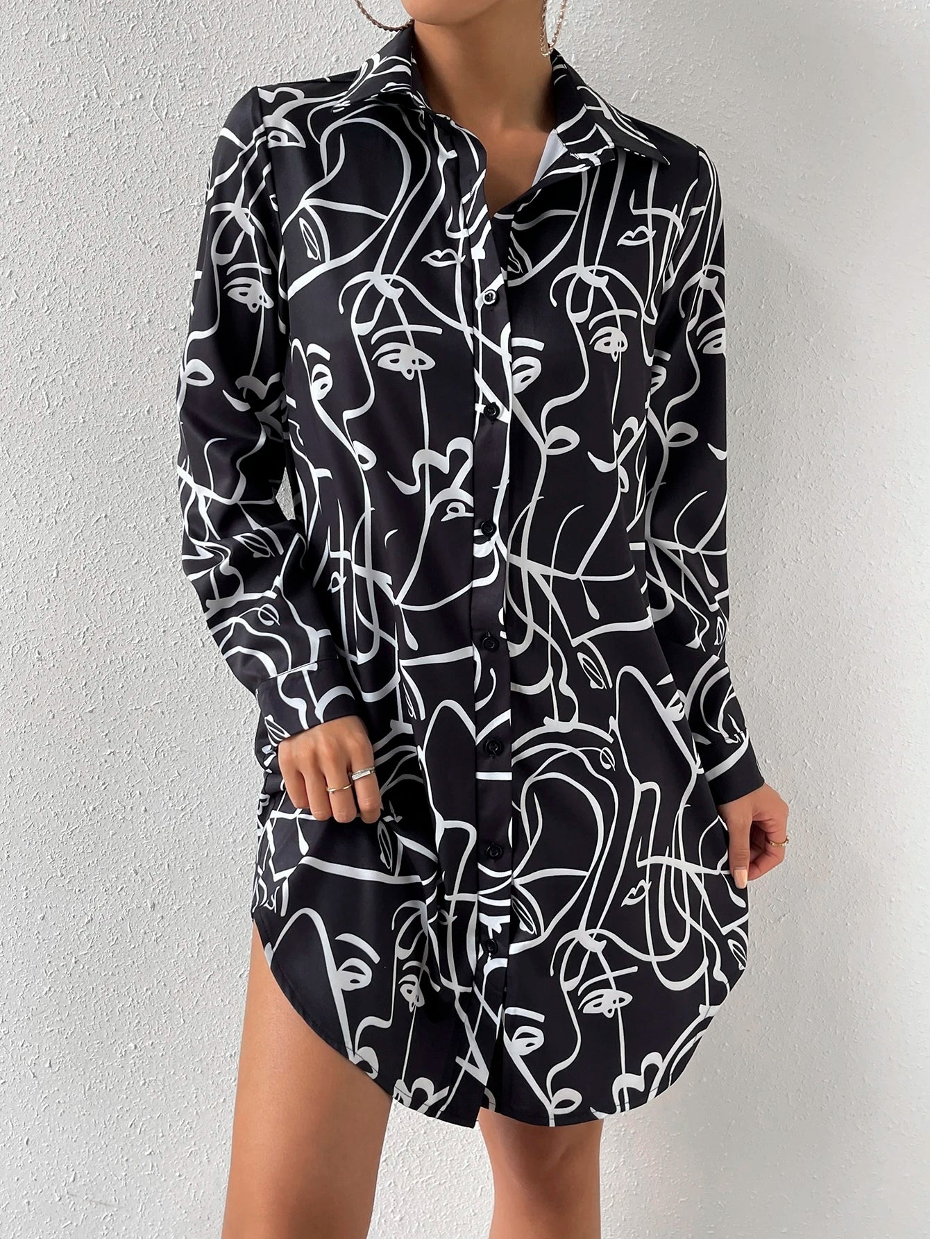 Allover Print Button Front Shirt Dress Without Belt D1904