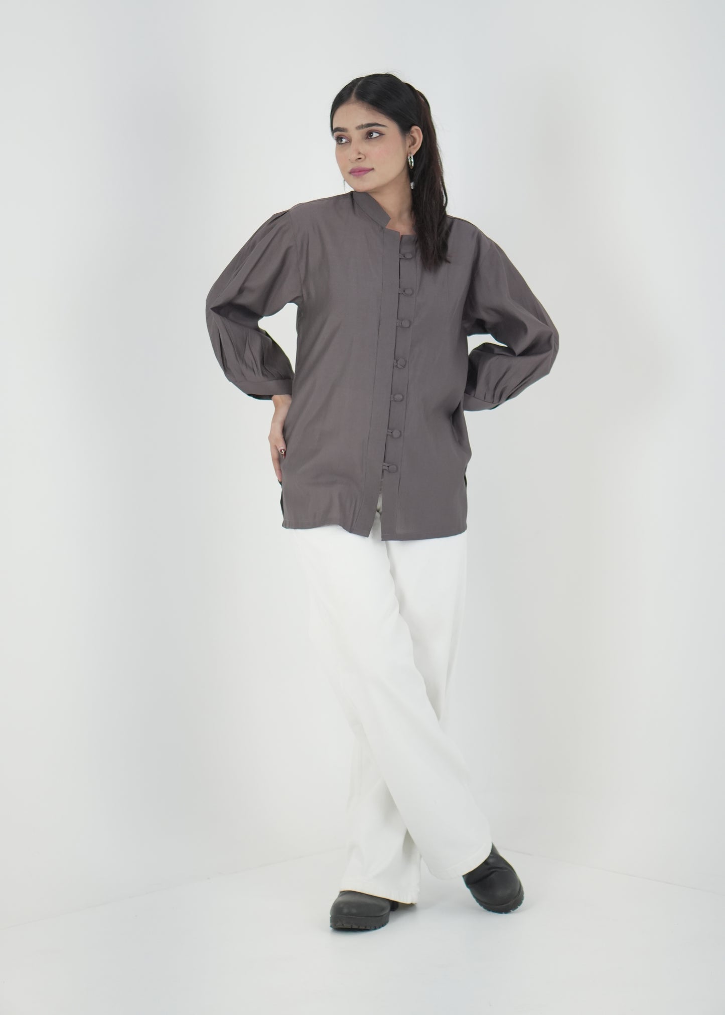 Elegant Grey Denting Fabric Mandarin Collar Shirt D6293