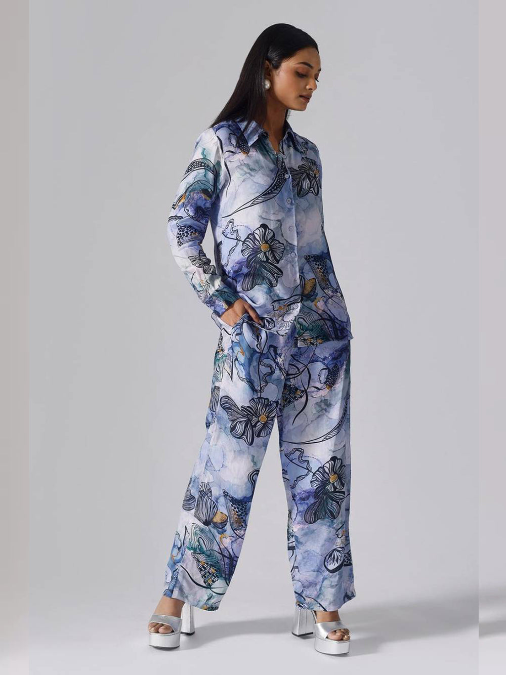 Stunning Printed Shirt Collar Co-Ord Set (Sky) VT-01122-B - kharidari