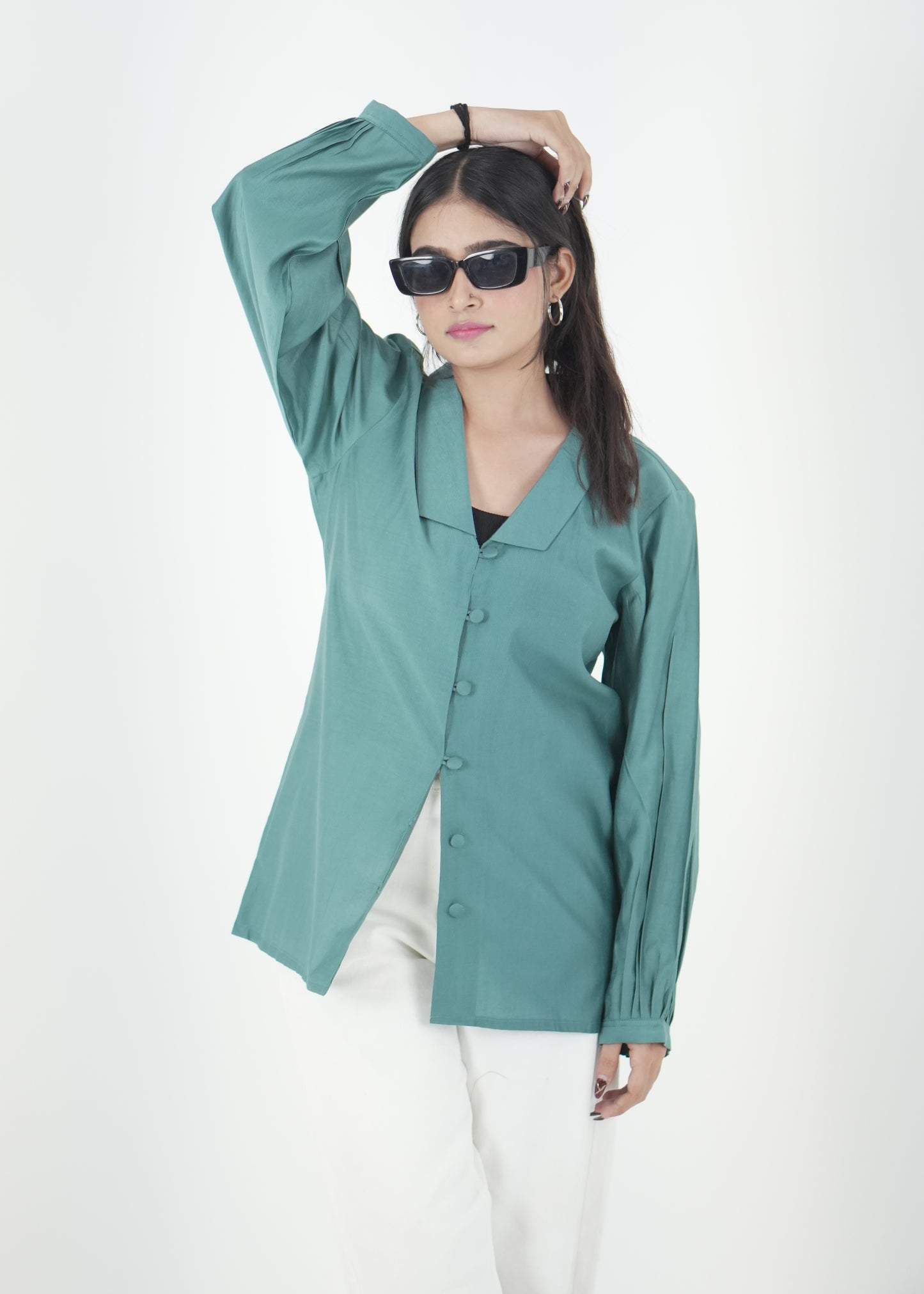 Teal Luxe Relaxed Fit Shirt with Pleated Sleeves D6295