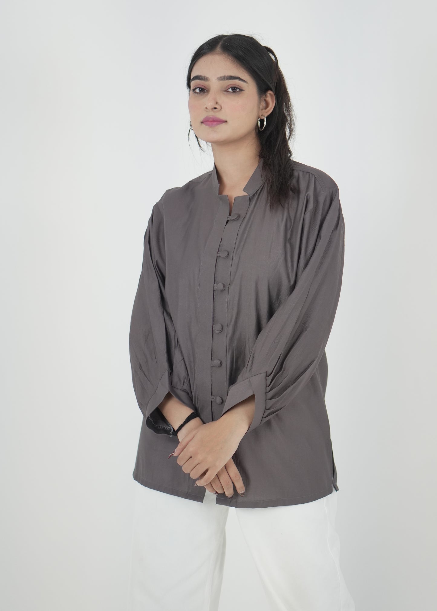 Elegant Grey Denting Fabric Mandarin Collar Shirt D6293