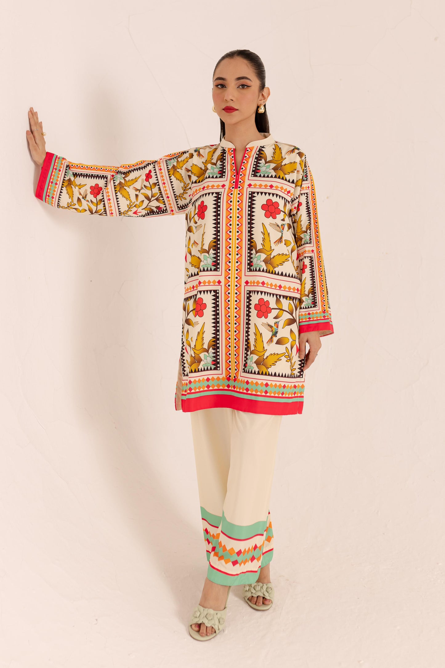 Digital Flower and Boader Block Print Co-ord Set D6106