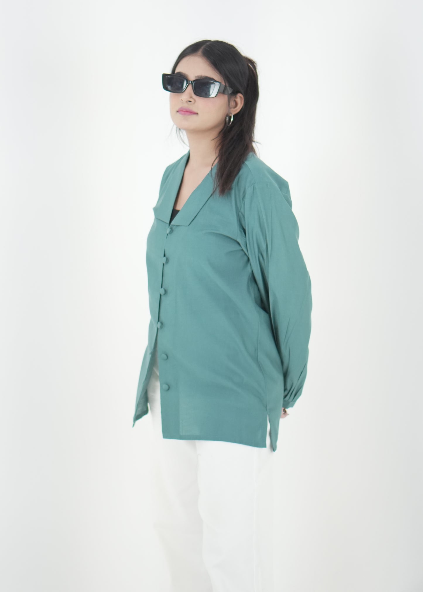 Teal Luxe Relaxed Fit Shirt with Pleated Sleeves D6295