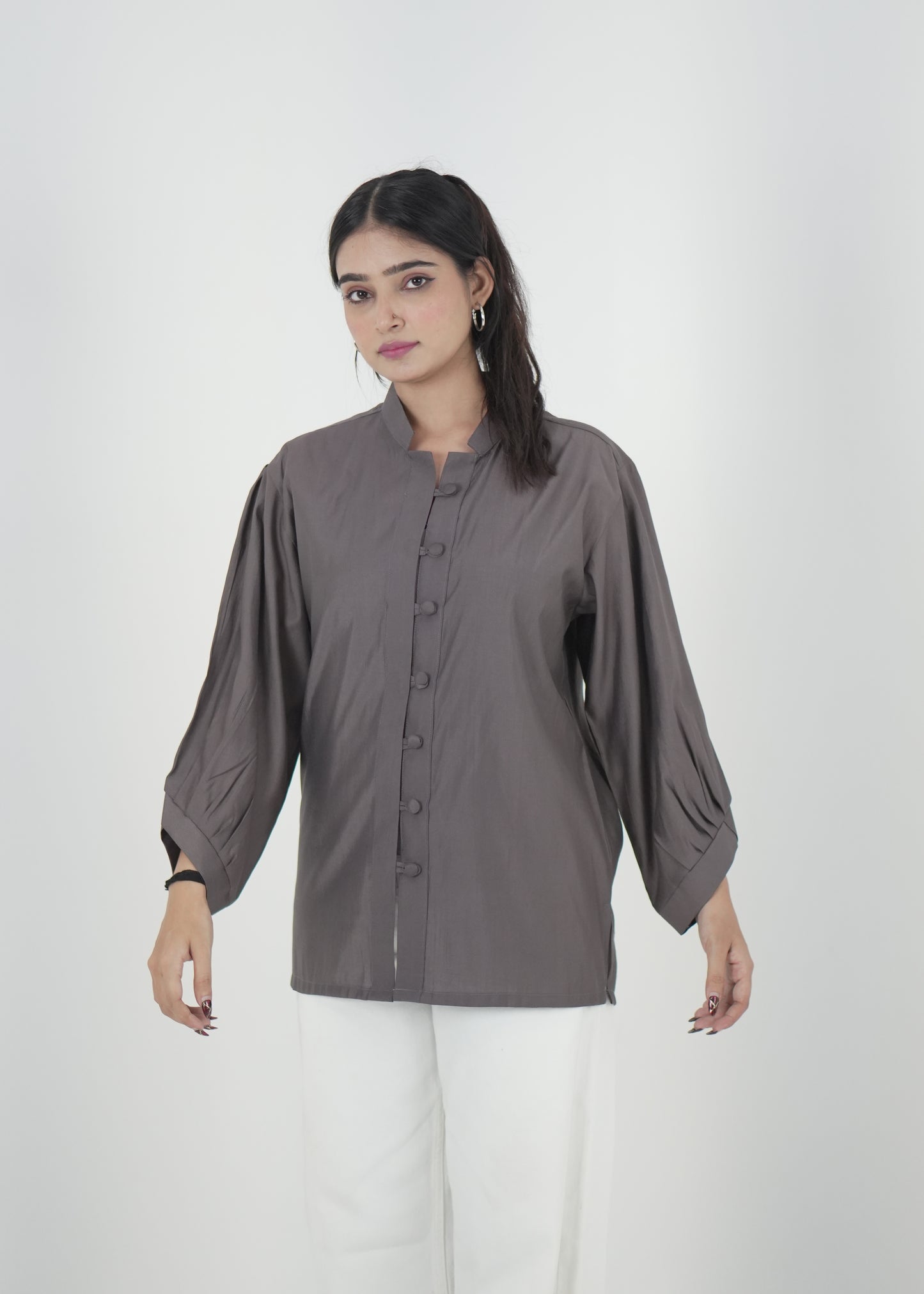 Elegant Grey Denting Fabric Mandarin Collar Shirt D6293