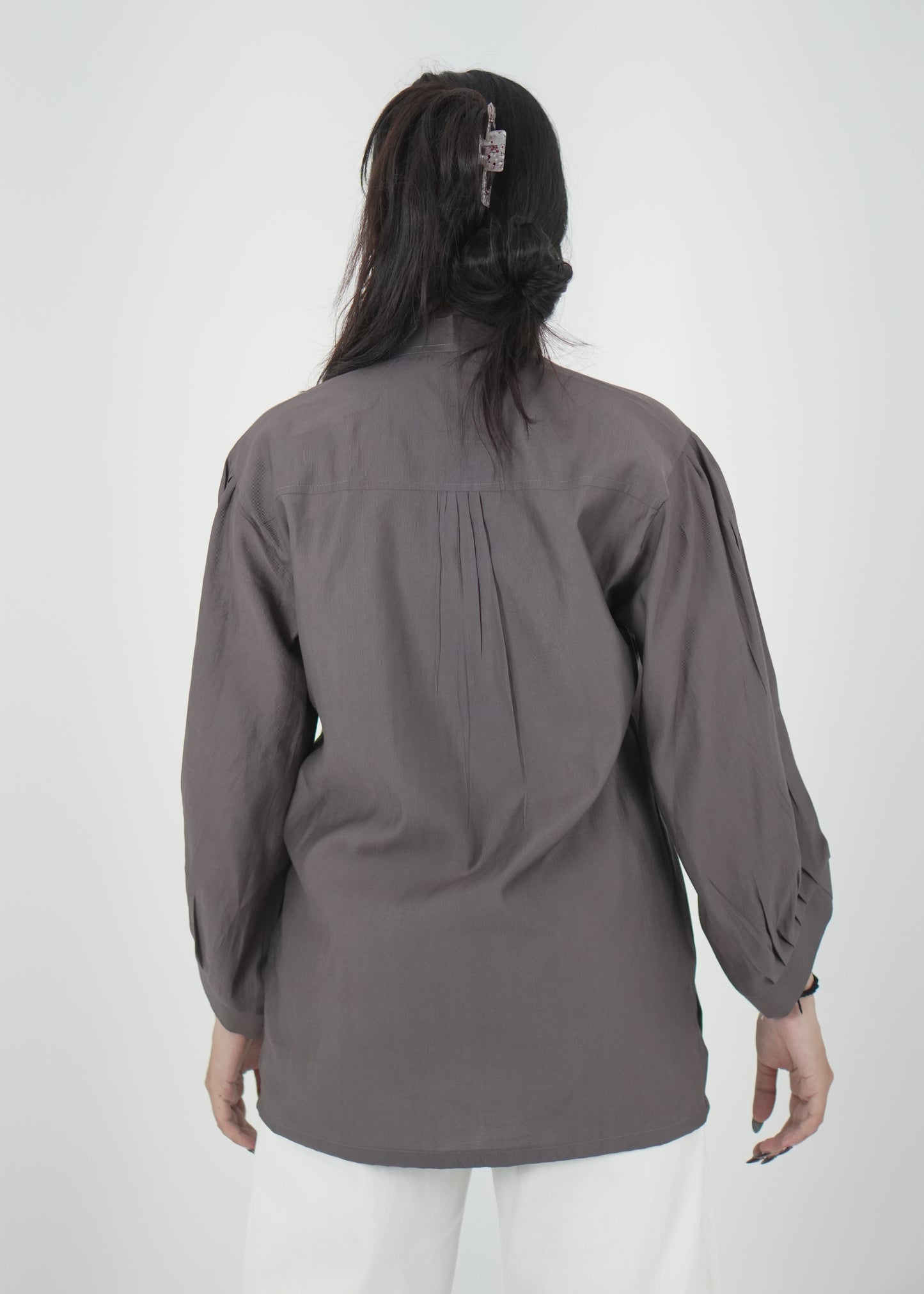 Elegant Grey Denting Fabric Mandarin Collar Shirt D6293
