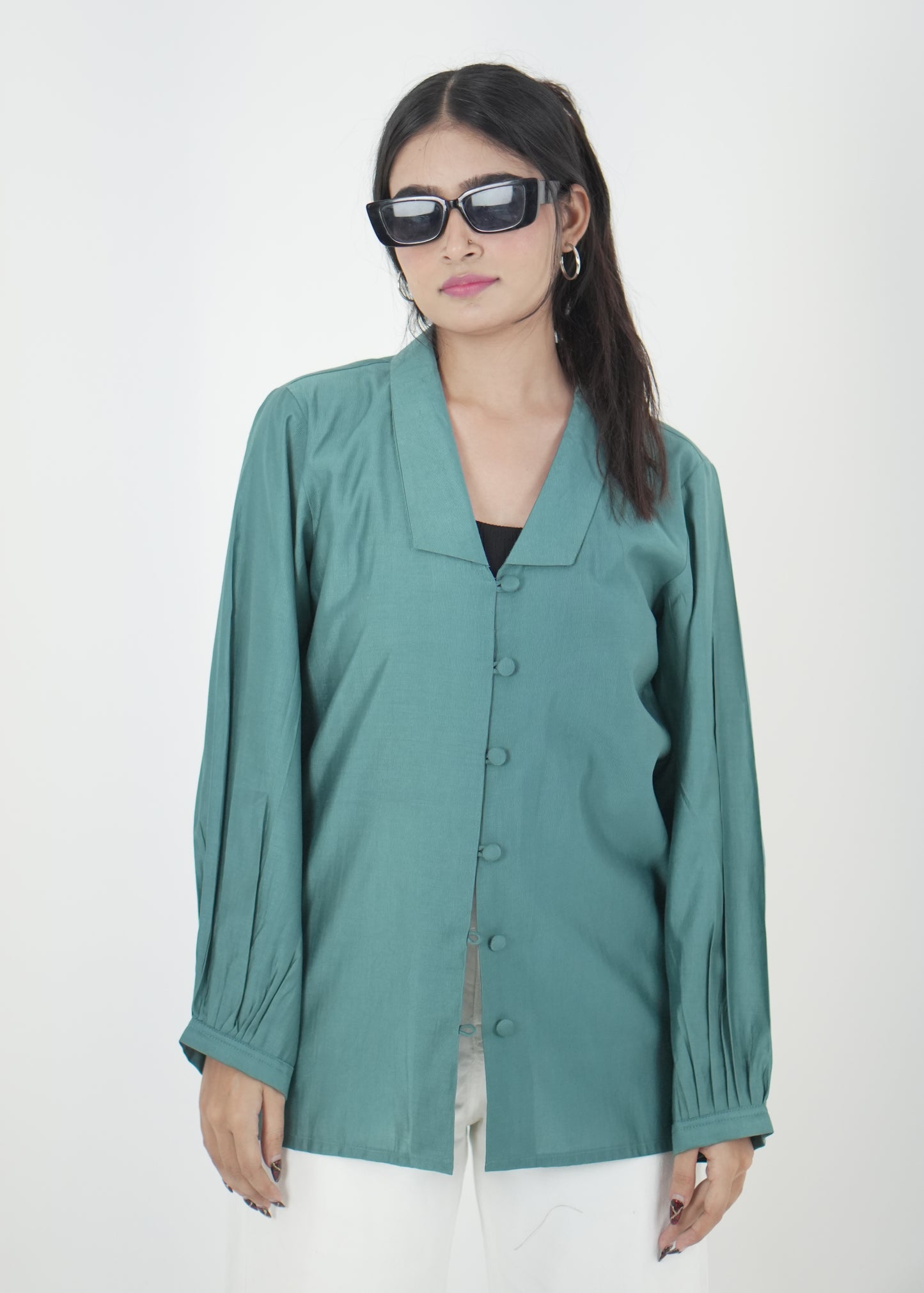 Teal Luxe Relaxed Fit Shirt with Pleated Sleeves D6295