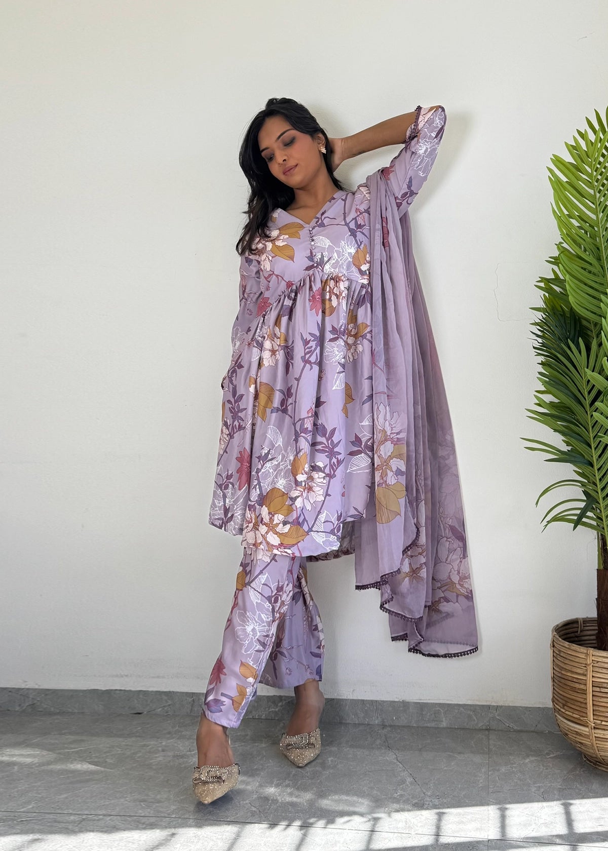 Purple Floral Printed Suit Set with Dupatta – Elegant Ethnic Wear D6173