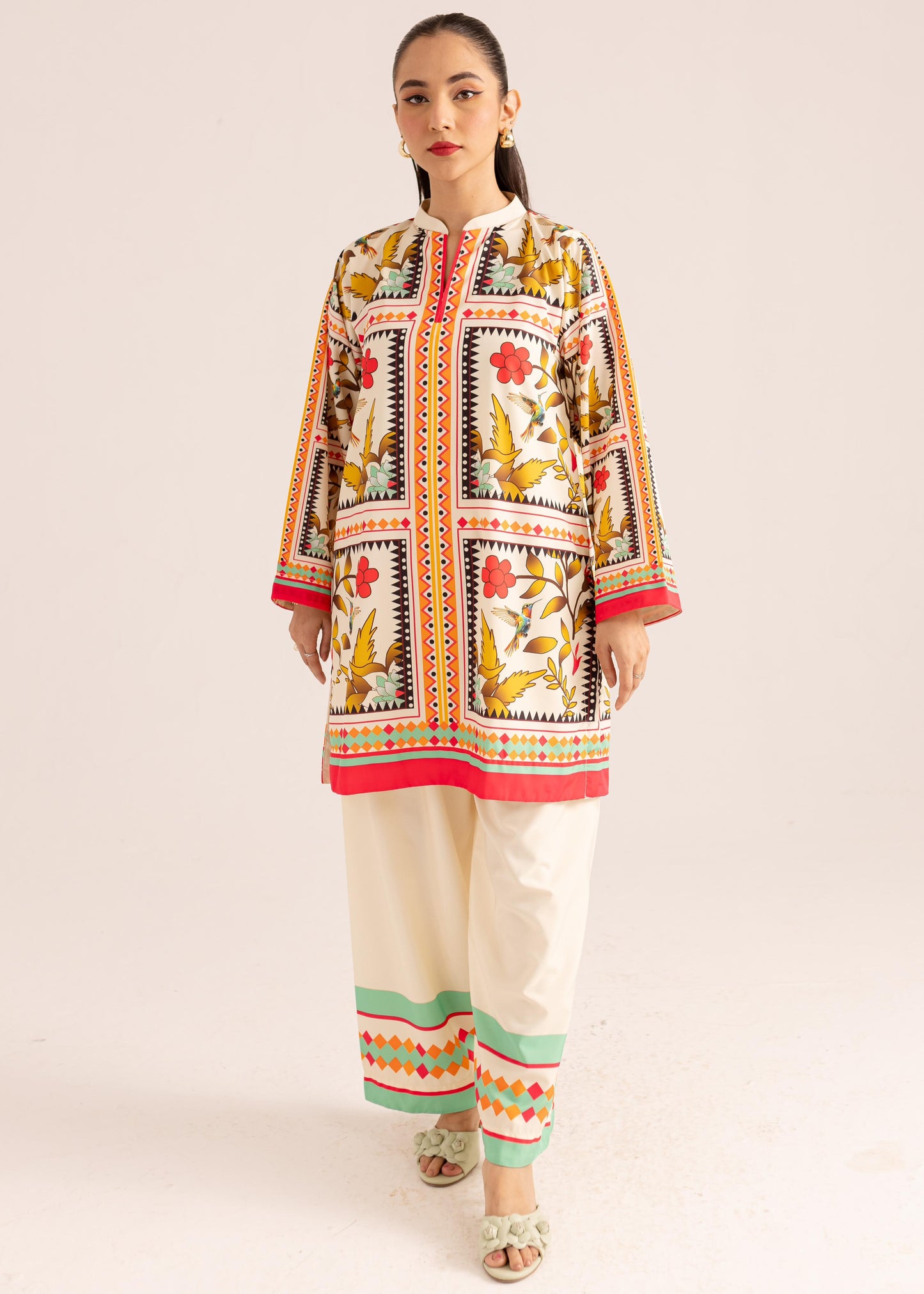 Digital Flower and Boader Block Print Co-ord Set D6106