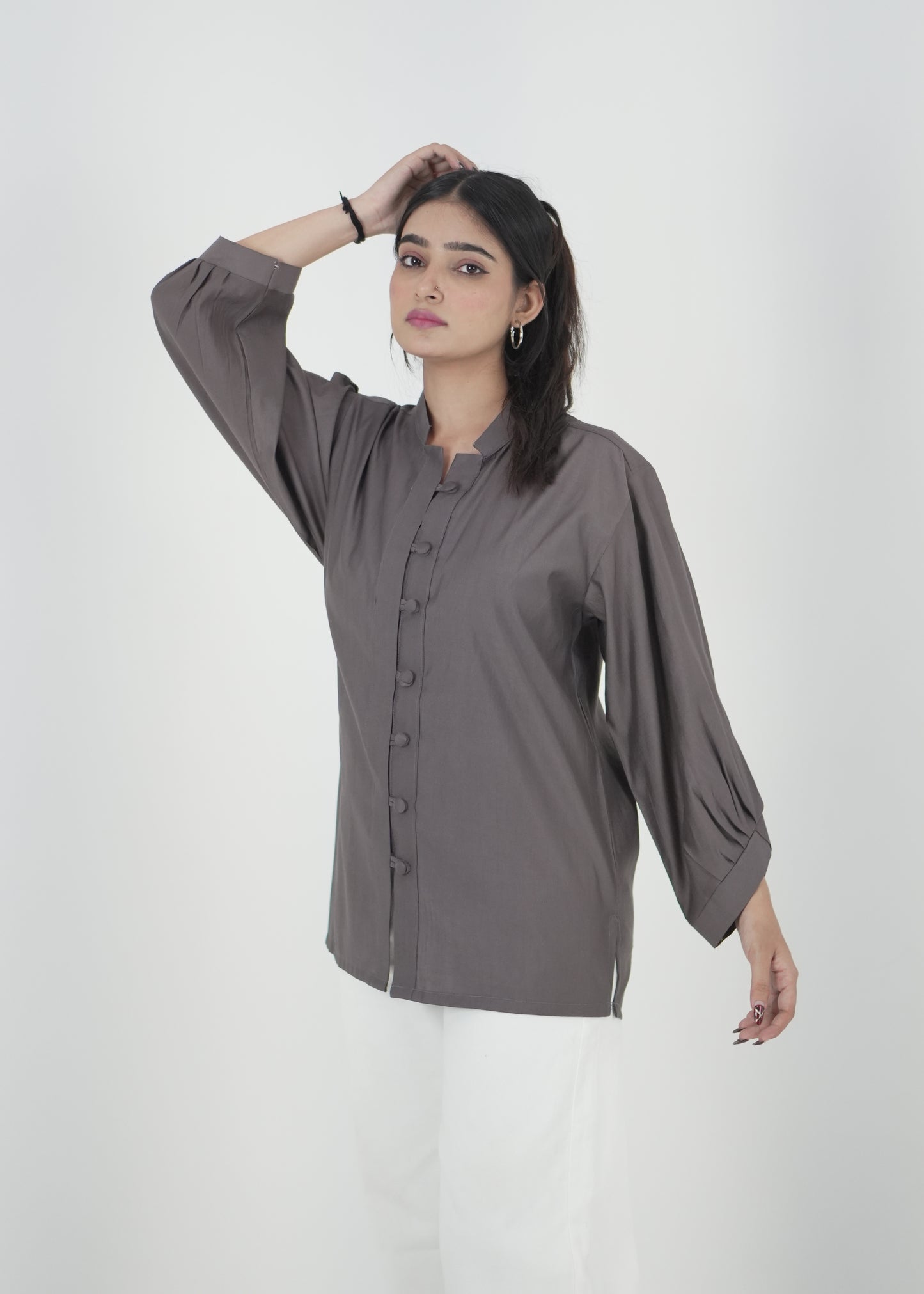 Elegant Grey Denting Fabric Mandarin Collar Shirt D6293