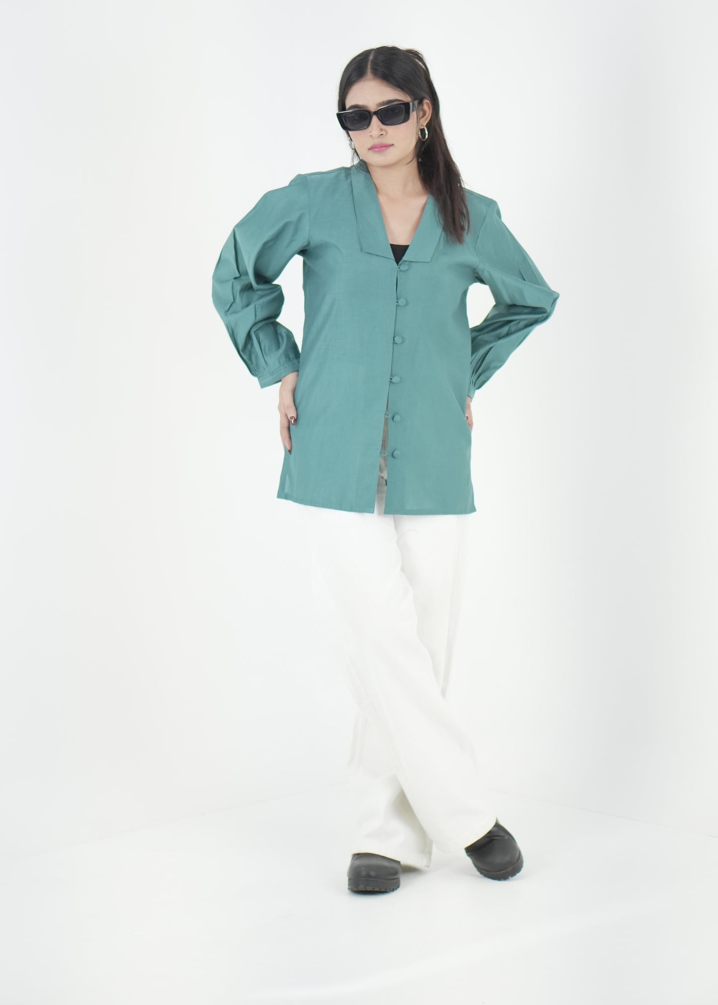 Teal Luxe Relaxed Fit Shirt with Pleated Sleeves D6295