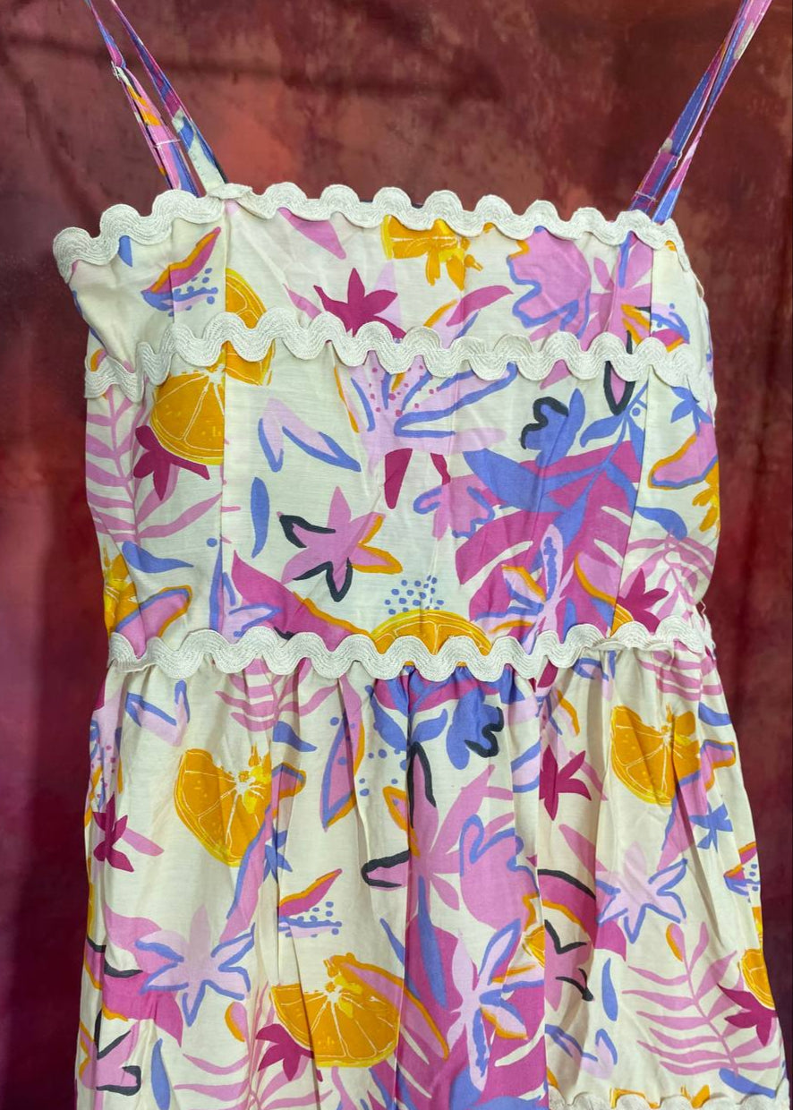 Unique Pink Flower Printed cotton One Piece Dress D6135