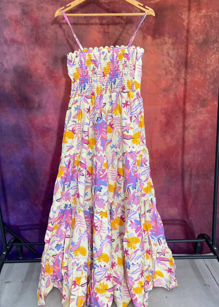Unique Pink Flower Printed cotton One Piece Dress D6135