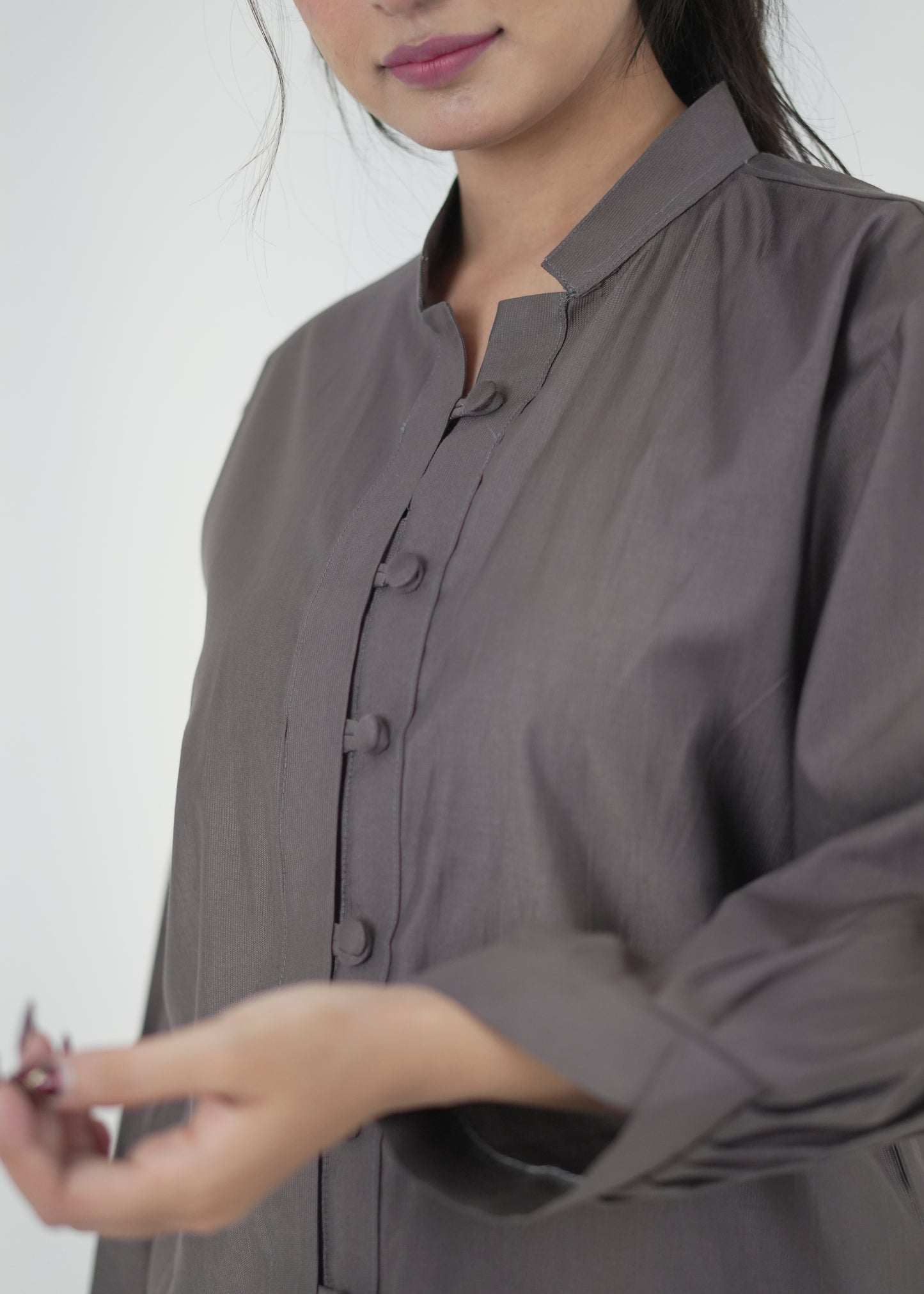 Elegant Grey Denting Fabric Mandarin Collar Shirt D6293