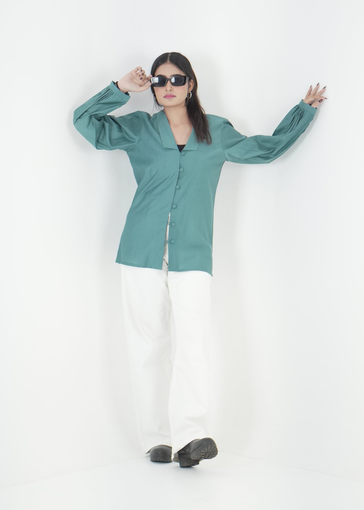 Teal Luxe Relaxed Fit Shirt with Pleated Sleeves D6295
