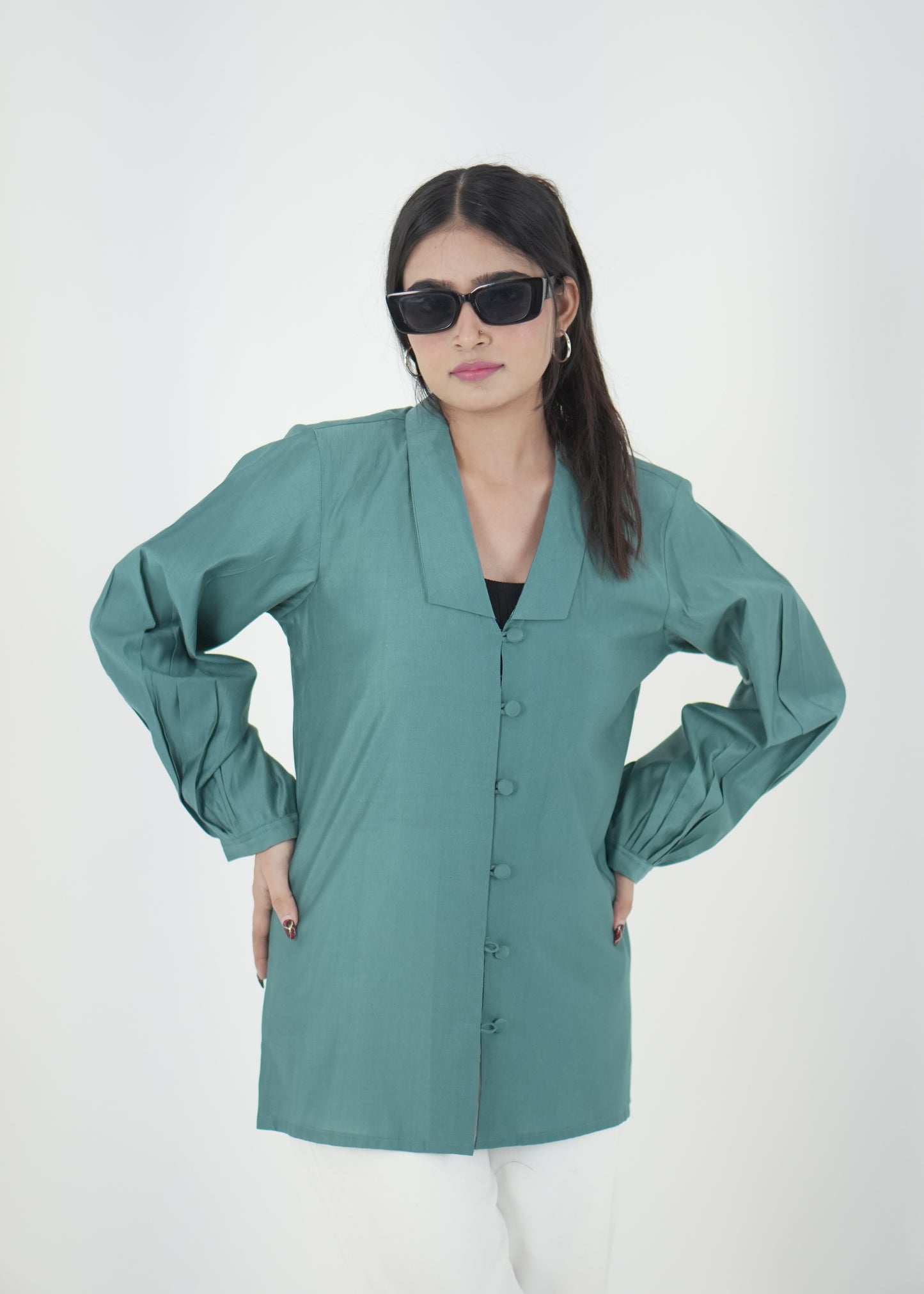 Teal Luxe Relaxed Fit Shirt with Pleated Sleeves D6295