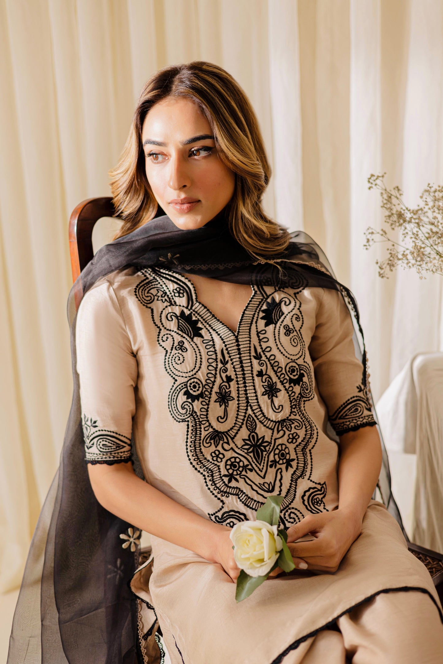 "Elegant Beige Kurta Set with Intricate Black Embroidery and Chiffon Dupatta" D6324