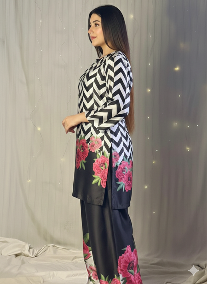 Black & White Satin Kurta Set with Pink Floral Motif Print D6313