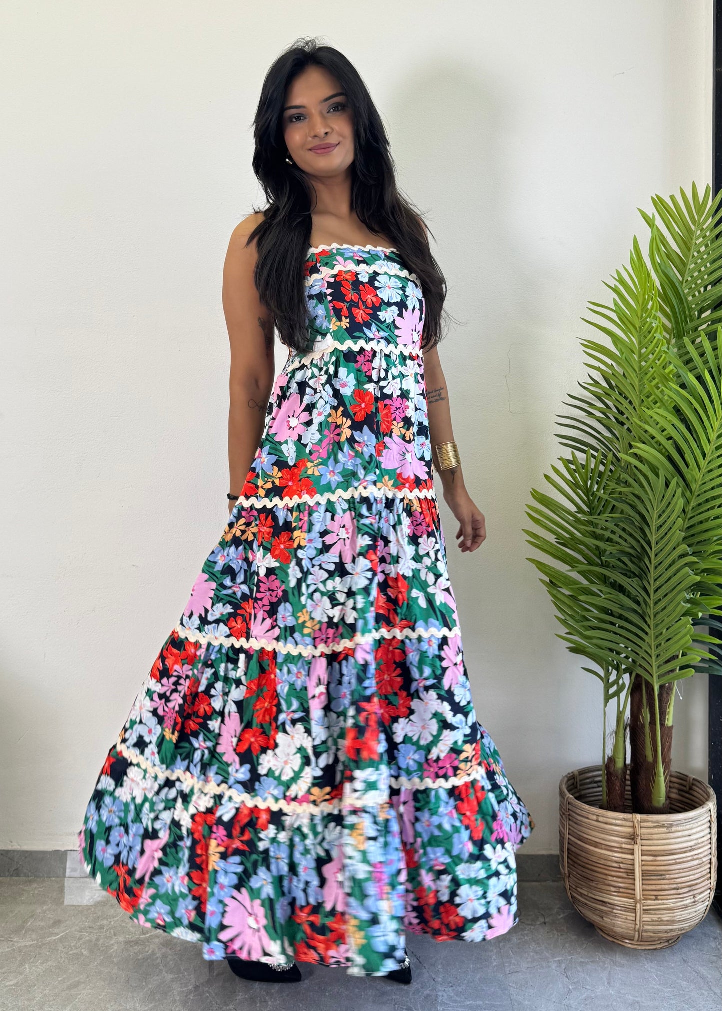 Unique Pink Flower Printed cotton One Piece Dress D6135