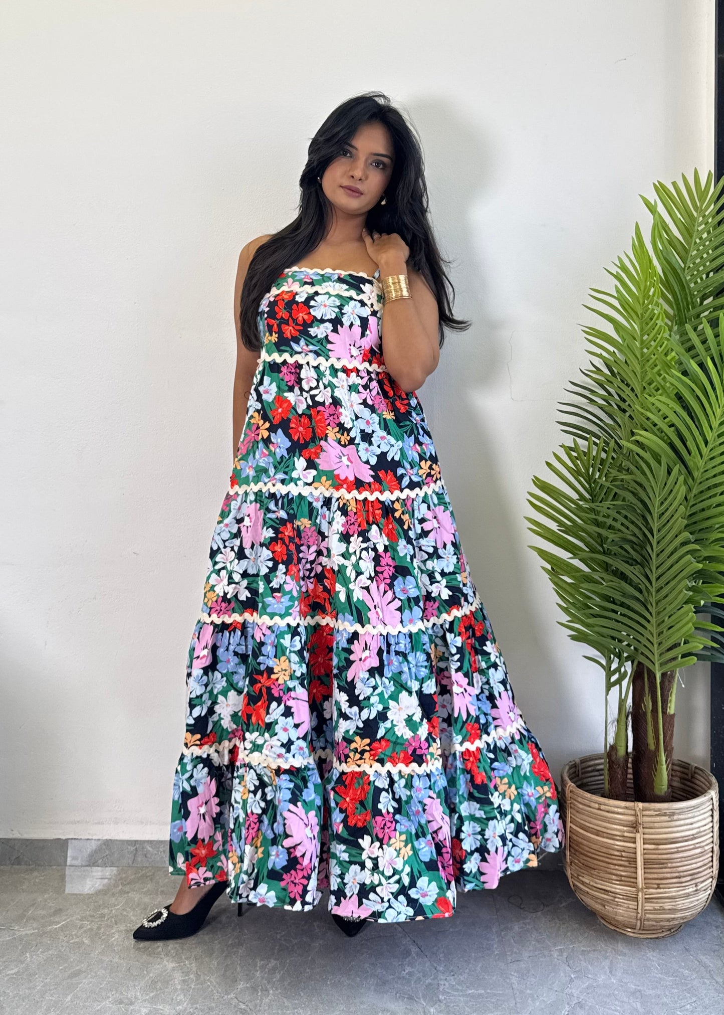 Unique Pink Flower Printed cotton One Piece Dress D6135