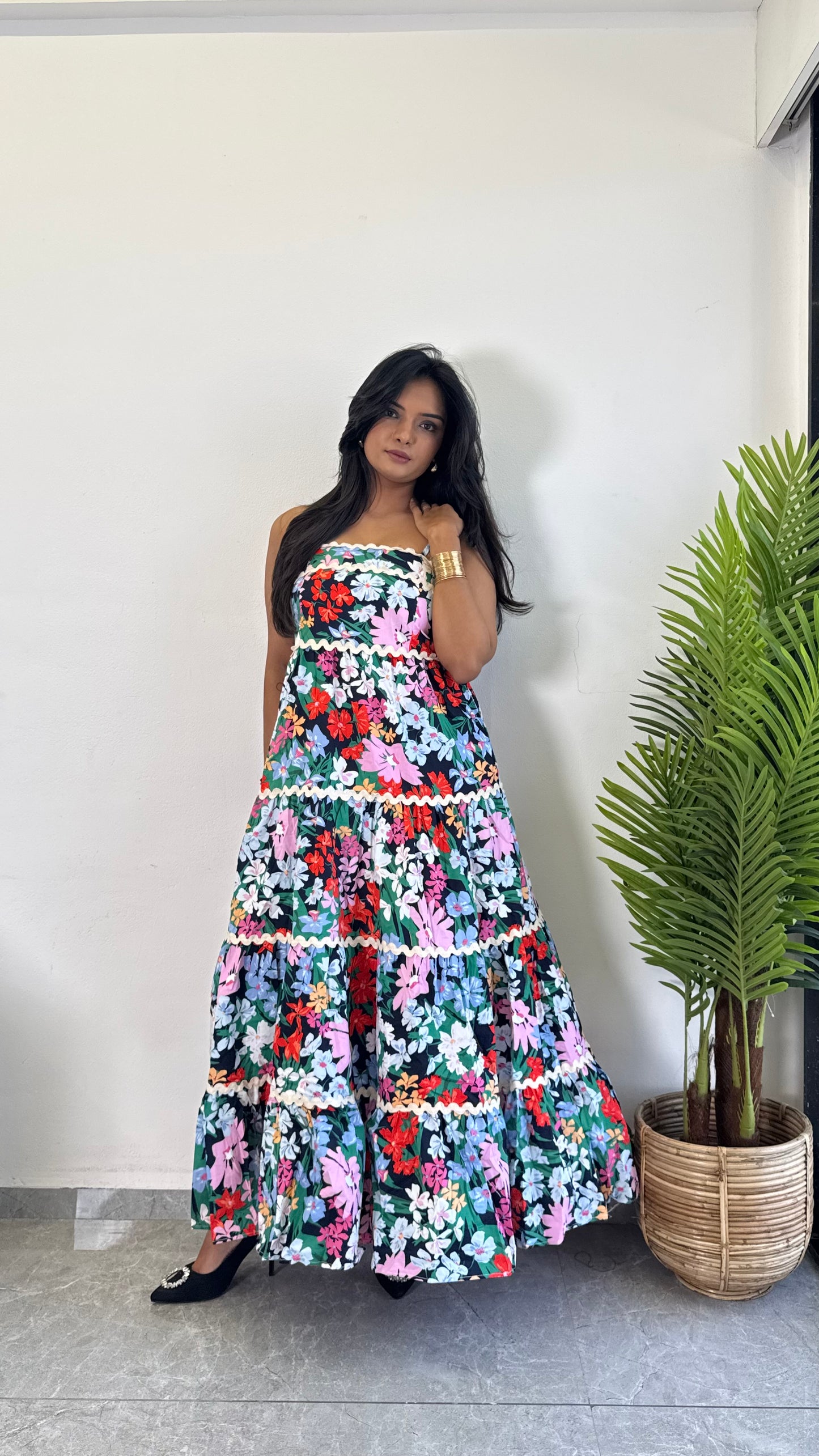 Unique Pink Flower Printed cotton One Piece Dress D6135