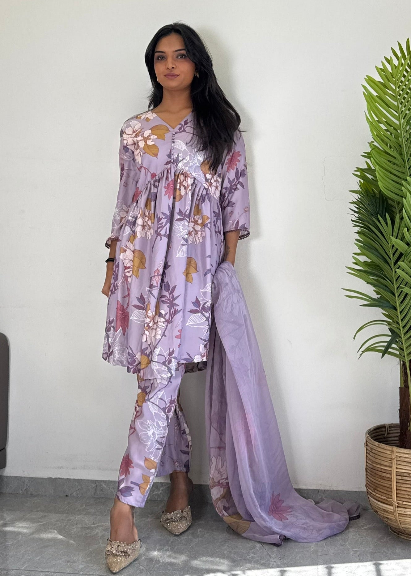 Purple Floral Printed Suit Set with Dupatta – Elegant Ethnic Wear D6173