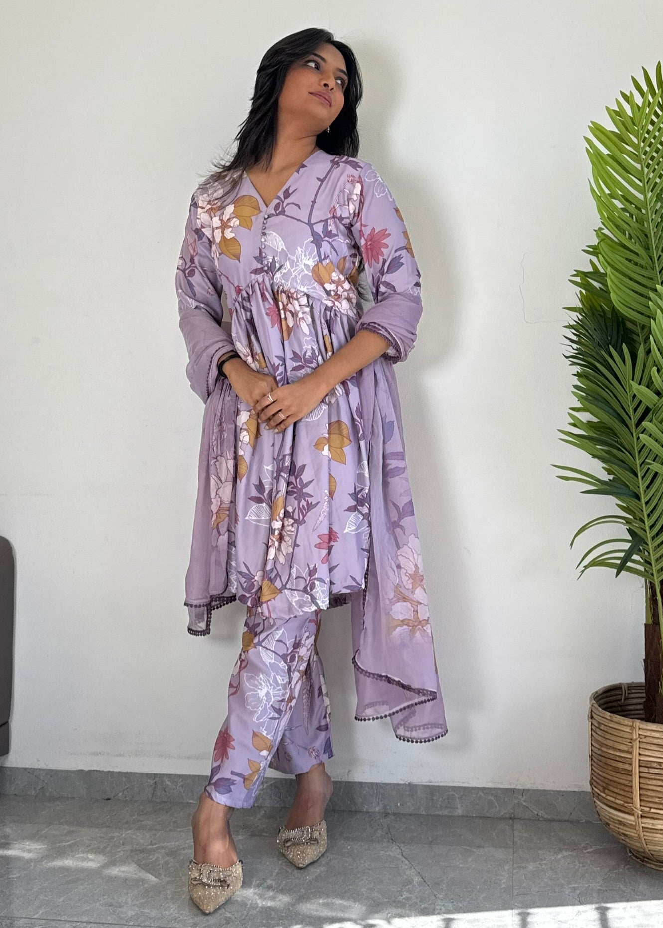 Purple Floral Printed Suit Set with Dupatta – Elegant Ethnic Wear D6173
