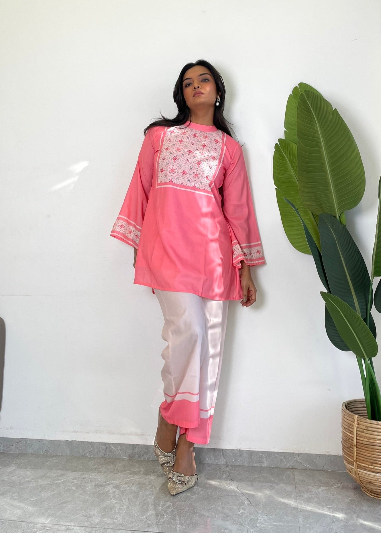 Pink Flower Printed Dual-Color Co-ord Set D6072 - kharidari