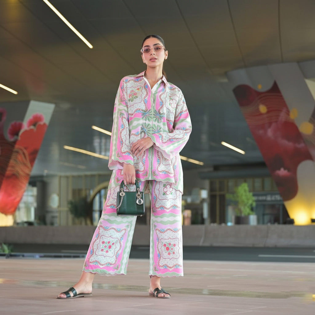 Serene Petals Premium Coord Set – A Modern Take on Soft Florals and Laid-Back Luxury D6309