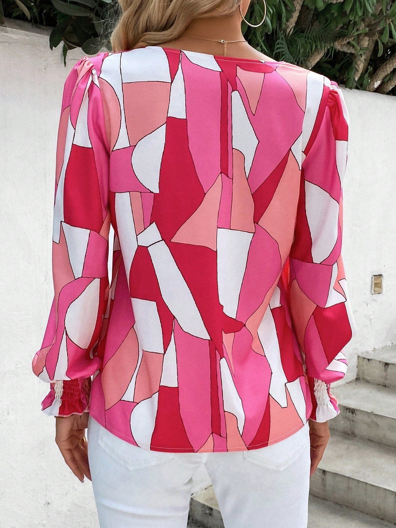 Pink Geo Print Lantern Sleeve T-Shirt VT-01162 - kharidari