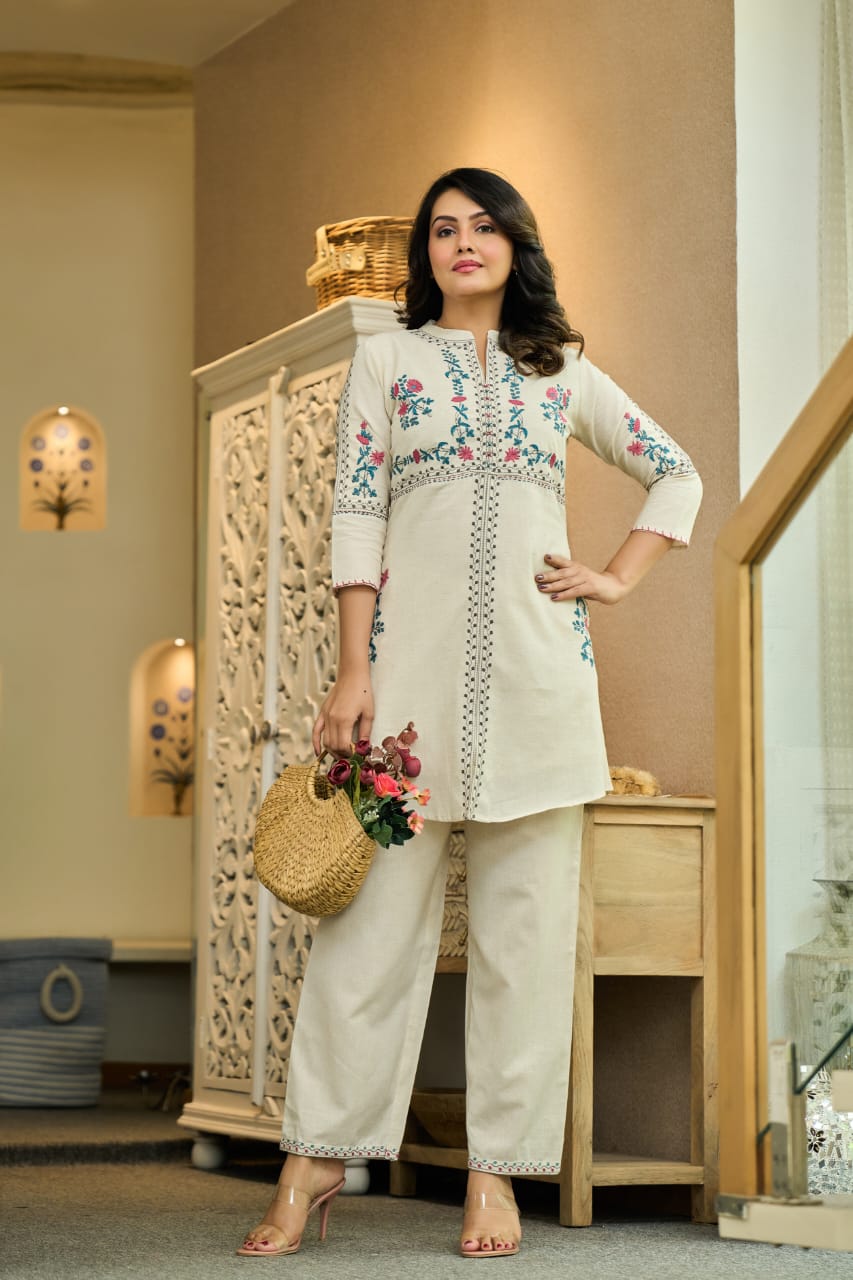 Ivory Cotton Co-Ord Set with Multicolor Floral Embroidery D6286