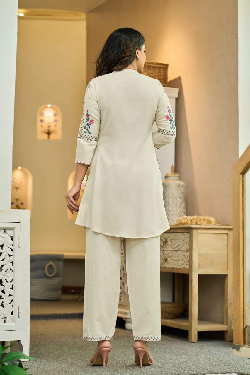 Ivory Cotton Co-Ord Set with Multicolor Floral Embroidery D6286