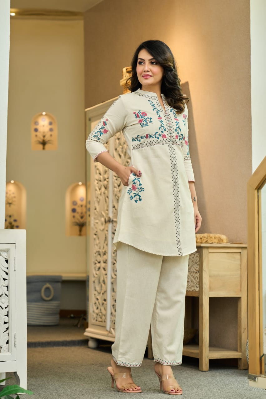 Ivory Cotton Co-Ord Set with Multicolor Floral Embroidery D6286