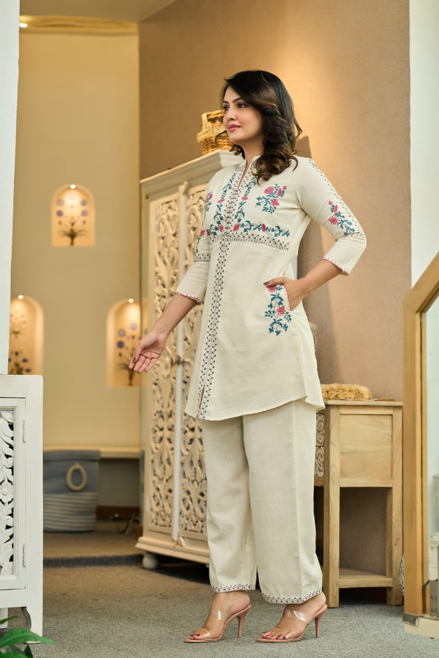 Ivory Cotton Co-Ord Set with Multicolor Floral Embroidery D6286