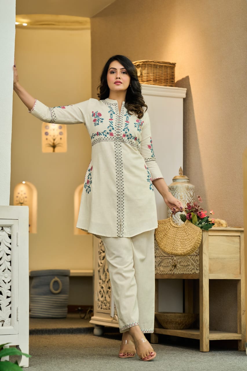 Ivory Cotton Co-Ord Set with Multicolor Floral Embroidery D6286