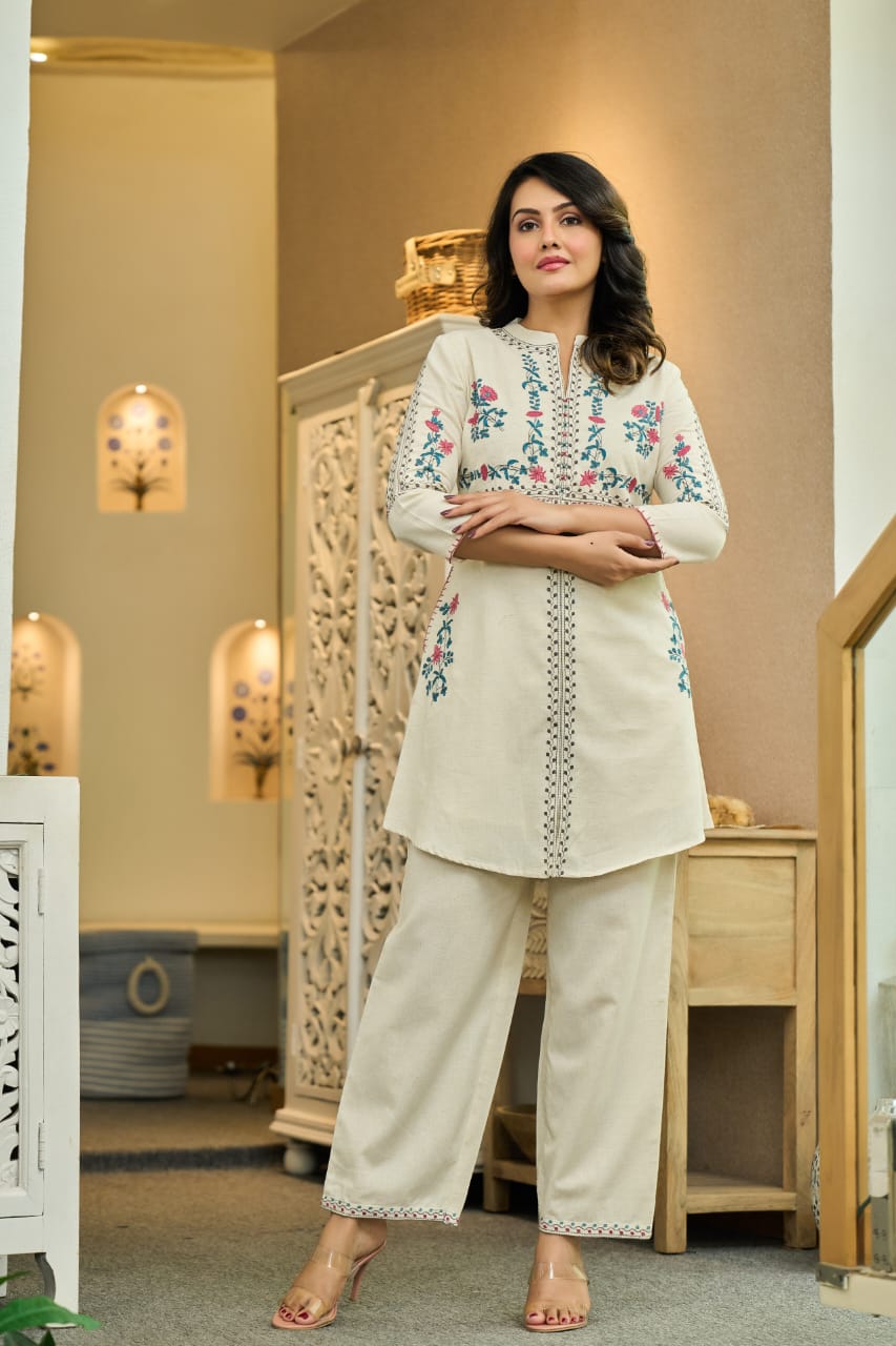 Ivory Cotton Co-Ord Set with Multicolor Floral Embroidery D6286