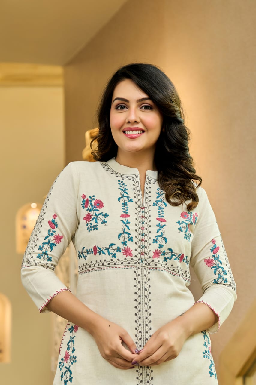 Ivory Cotton Co-Ord Set with Multicolor Floral Embroidery D6286