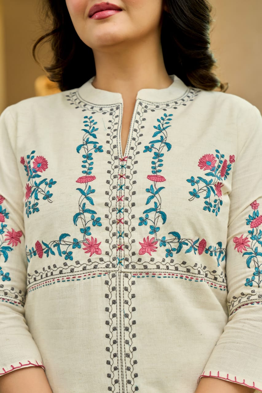 Ivory Cotton Co-Ord Set with Multicolor Floral Embroidery D6286