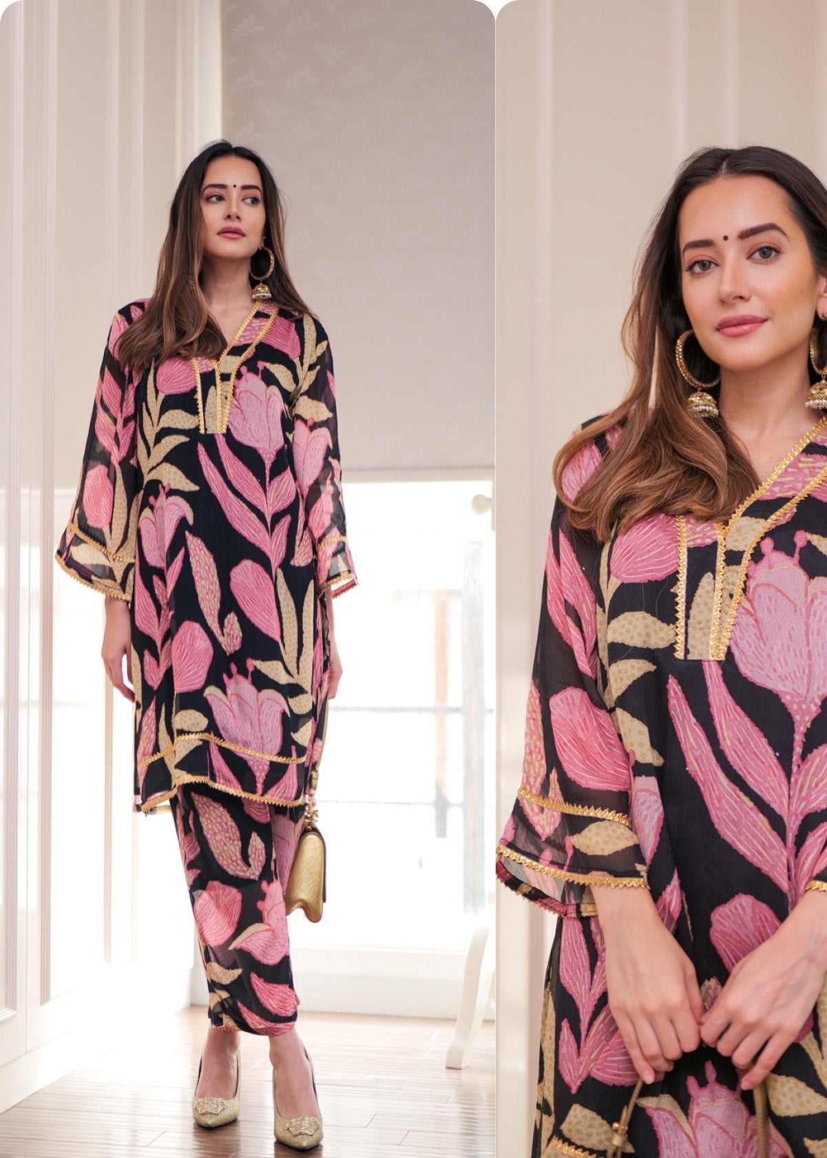 Black Floral Printed Georgette Suit Set D5028