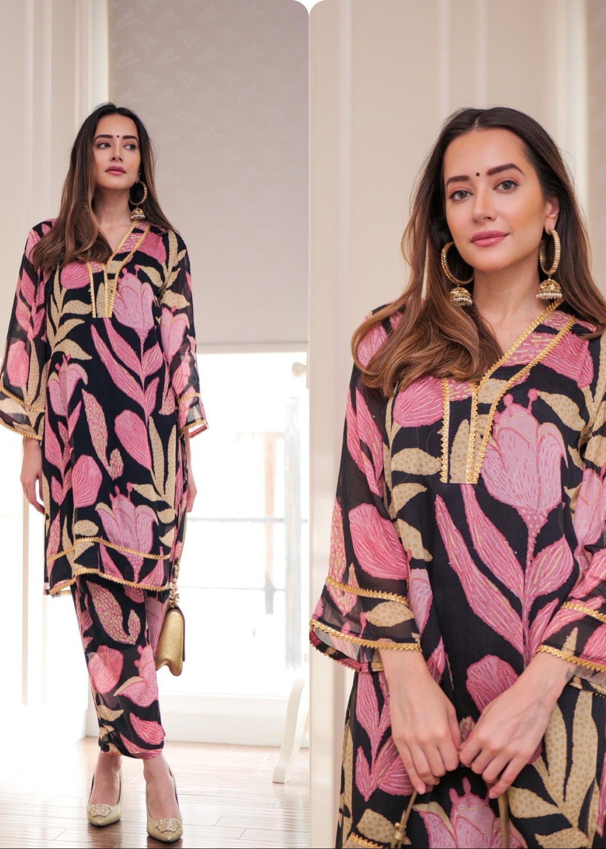 Black Floral Printed Georgette Suit Set D5028