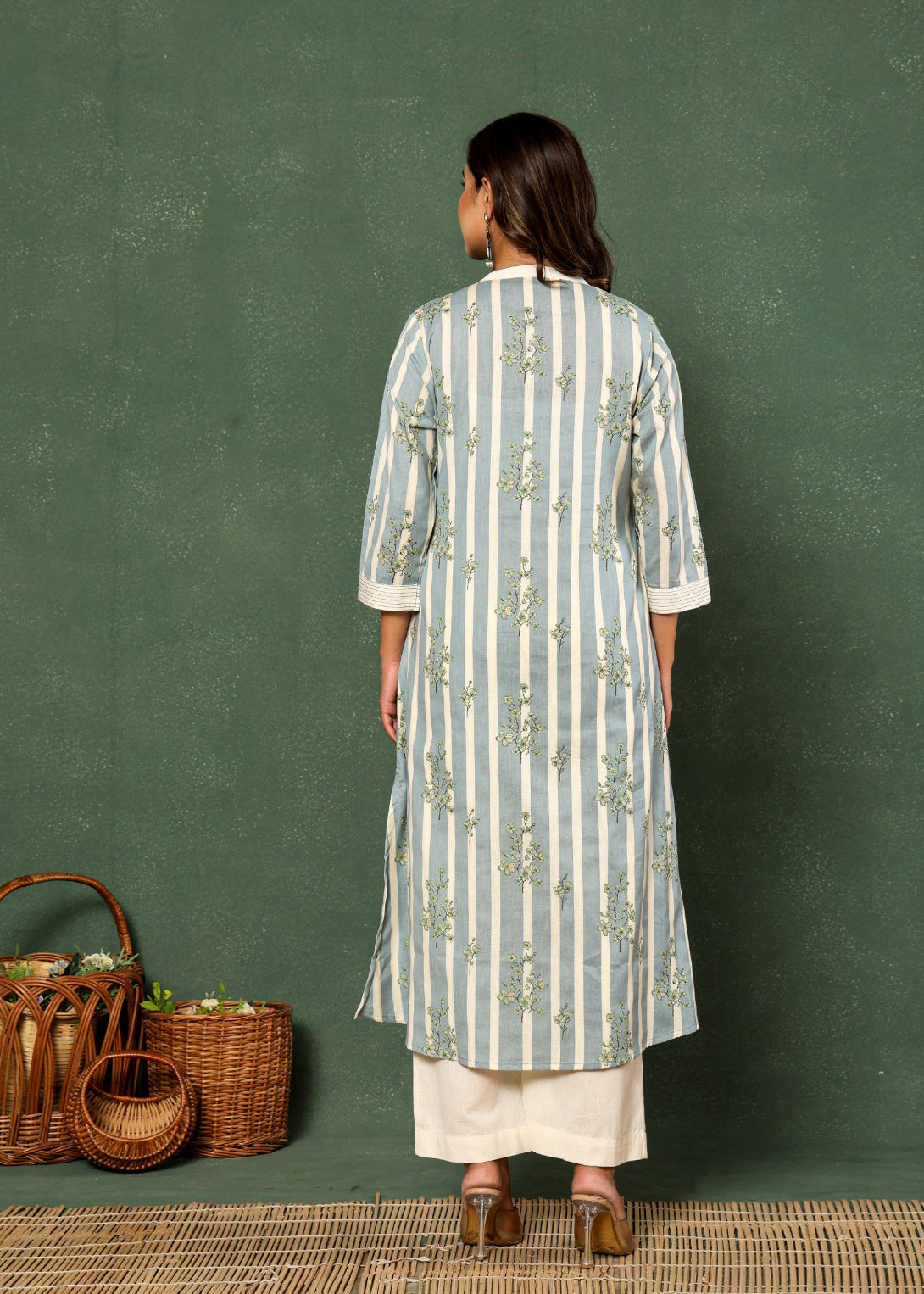 Bloom Boldly Pure Cotton Flower Print Striped Co-ord Set D6246 - kharidari