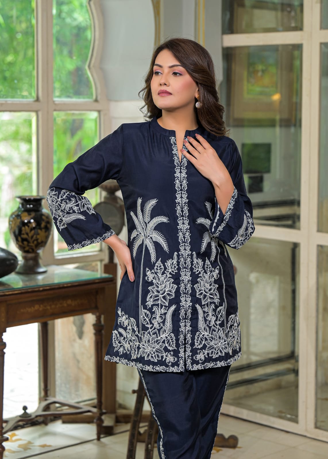 Blue Floral & Palm Tree Motif Embroidered Co-ord Set D6268 - kharidari