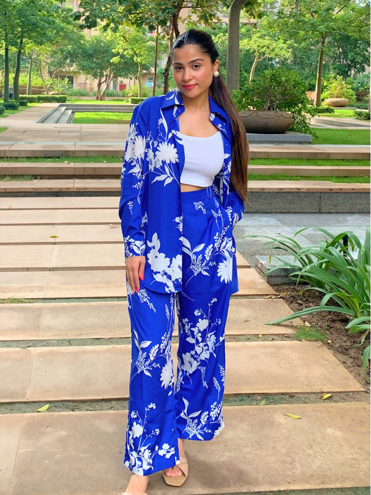 Blue Flower Printed Co-rd Set D6016