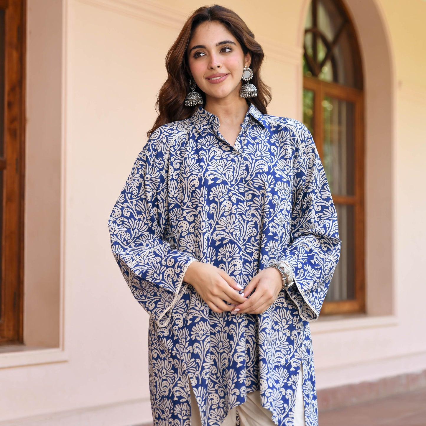 Blue Flower Texture Printed Co-ord Set D6056 - kharidari