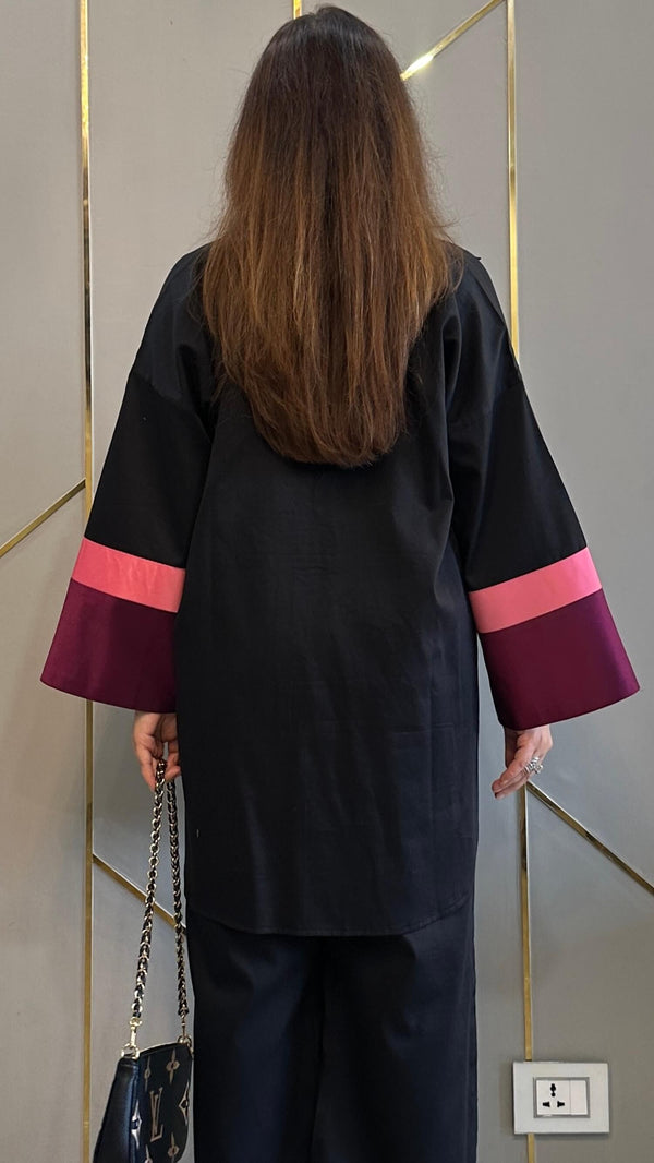 Black Farshi Suit Set With Pink and Marrom Sleeve for Women D6227 - kharidari